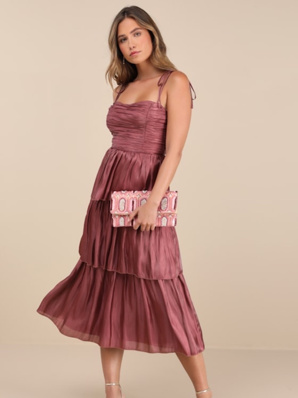 Lulus Tennon Dusty Rose Plisse Tiered Midi Dress Pink - Size XL